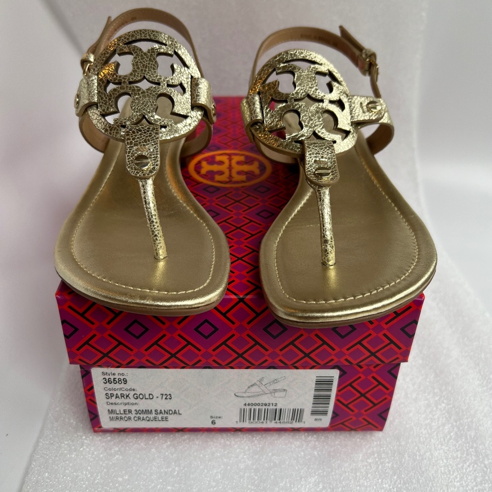 Tory Burch Miller 30MM Slingback Heel Sandal Leather Spark Gold Size 6 - Picture 9 of 16